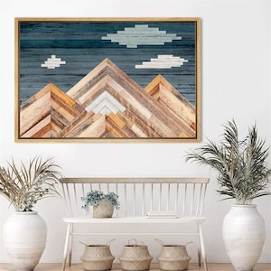 Rustic Mountain Top Canvas Wall Art, Framed Mountain Wall Art, Wood Style Mountain Print, Living Room Western Decor, Modern Farmhouse Decor