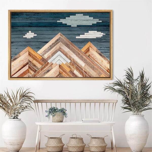 Rustic Mountain Top Canvas Wall Art, Framed Mountain Wall Art, Wood Style Mountain Print, Living Room Western Decor, Modern Farmhouse Decor