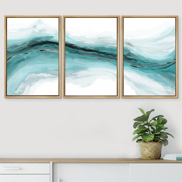 SIGNWIN 3 Piece Framed Canvas Wall Art Pastel Watercolor Vibrant Teal Painting Landscape Abstract Print Modern Artwork Decor for Bedroom