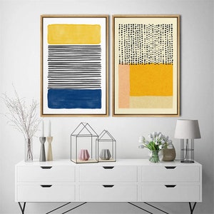 SIGNWIN 2 Piece Framed Canvas Wall Art Abstract Yellow, Blue & Orange Color Block Prints Minimalist Mid Century Modern Home Artwork