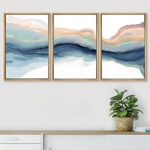 SIGNWIN 3 Piece Framed Canvas Wall Art Pastel Watercolor Teal Brown Painting Landscape Abstract Print Modern Artwork Decor for Bedroom