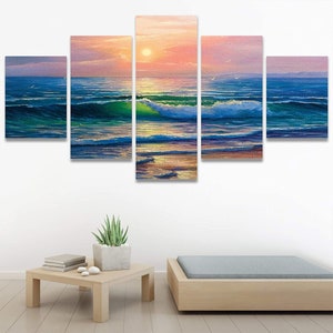 SIGNWIN Large Beach Sunset Wall Art, 5 Piece Canvas Wall Art, Sea Wave Print, Beach Print, Sunset Print, Tropical Wall Decor, Ocean Wall Art