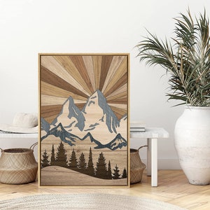 SIGNWIN Framed Canvas Wall Art Wood Panel Effect Mountain Range Print Modern Art Western Decor for Living Room