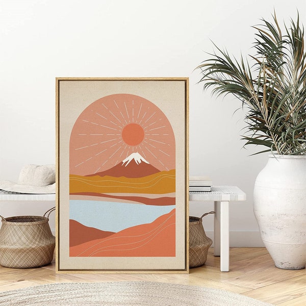 SIGNWIN Framed Canvas Wall Art Sun and Moon Illustration Print Mid Century Modern Home Artwork Neutral Boho Decor for Living Room