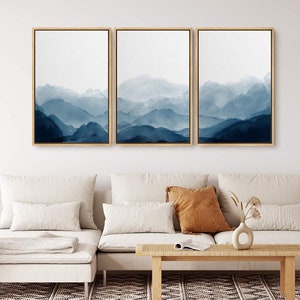 SIGNWIN 3 Piece Framed Canvas Wall Art Blue Watercolor Abstract Mountains Nature Painting Prints Minimalist Modern Home Artwork Decoration