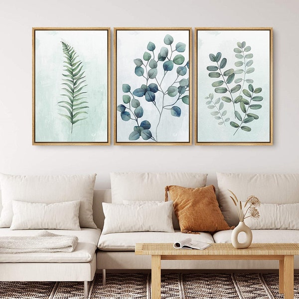 SIGNWIN 3 Piece Framed Canvas Wall Art Eucalyptus Plant Leaves Watercolor Botanical Print Minimalist Modern Home Artwork Decor for Bedroom