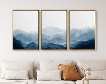 SIGNWIN 3 Piece Framed Canvas Wall Art Blue Watercolor Abstract Mountains Nature Painting Prints Minimalist Modern Home Artwork Decoration