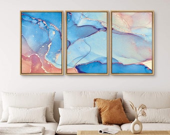 Set of 3 Alcohol Ink Wall Art, Blue Marble Framed Canvas Wall Art, Modern Abstract Alcohol Ink Painting Canvas Art for Living Room