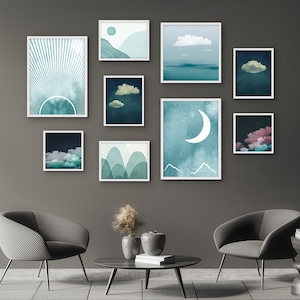 SIGNWIN 9 Piece Framed Wall Art Sun and Moon and Clouds Landscape Print Gallery Wall Set Boho Modern Home Artwork Decor for Living Room