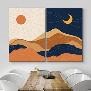 SIGNWIN 2 Piece Framed Canvas Wall Art Sun and Moon Illustration Print ...