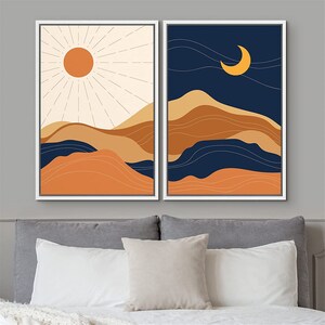 SIGNWIN 2 Piece Framed Canvas Wall Art Sun and Moon Illustration Print ...