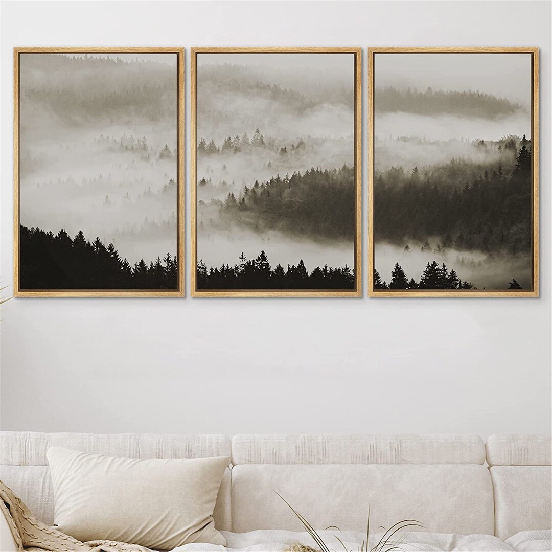 Signwin 3 Piece Framed Canvas Wall Art Black and White Misty Mountain ...