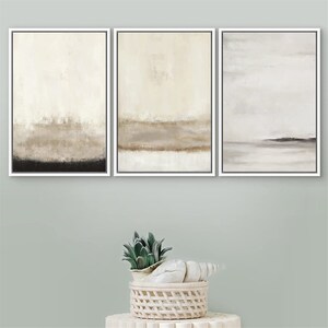 SIGNWIN 3 Piece Framed Canvas Print Wall Art Gray Tan Paint Stroke Abstract Landscape Modern Art Minimalist Boho Decor White