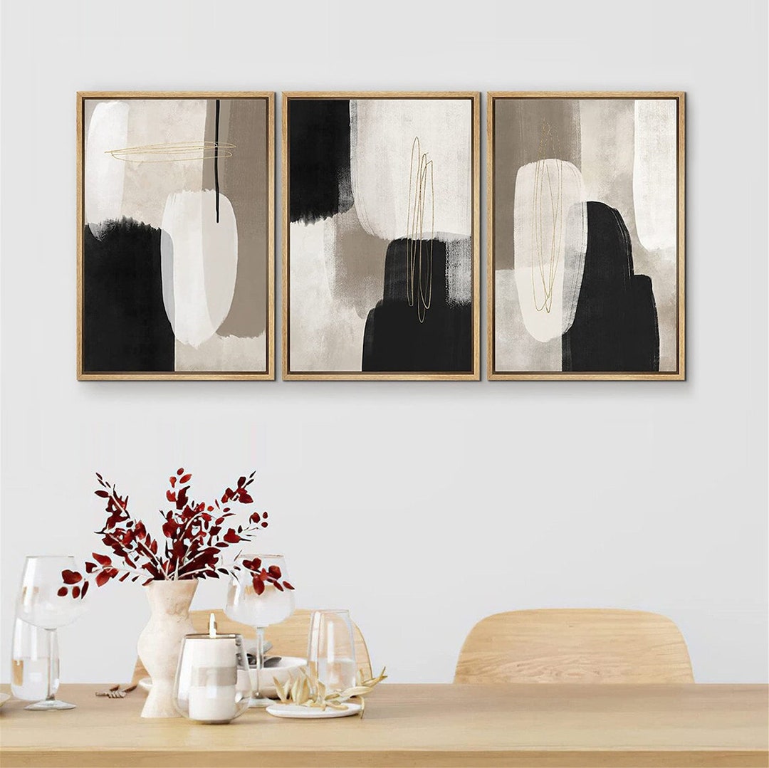 SIGNWIN 3 Piece Framed Canvas Print Wall Art Black & Gray Pastel Paint ...