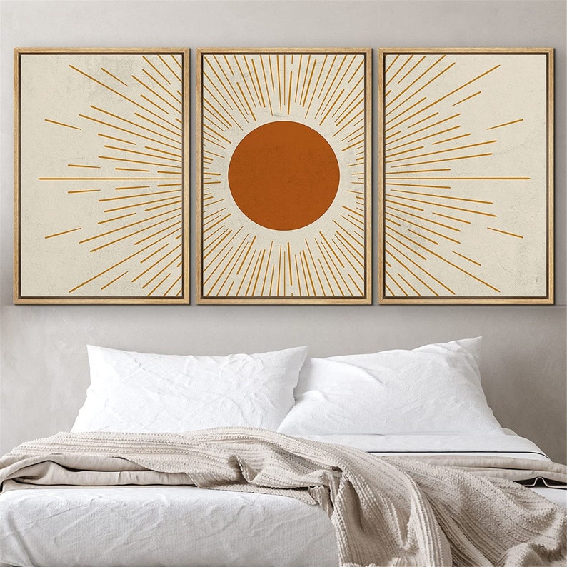 SIGNWIN 3 Piece Framed Canvas Wall Art Sun with Rays Prints Mid Century Modern Home Artwork Neutral Boho Decor for Bedroom 