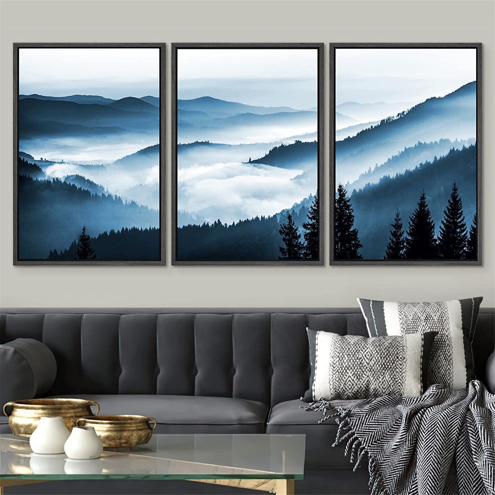 SIGNWIN 3 Piece Framed Canvas Wall Art Misty Blue Duotone - Etsy