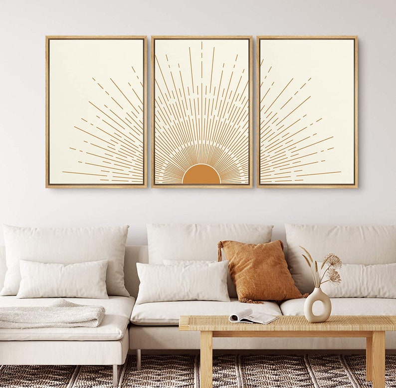 SIGNWIN 3 Piece Framed Canvas Wall Art Sun with Rays Prints Mid Century Modern Home Artwork Neutral Boho Decor for Bedroom image 2