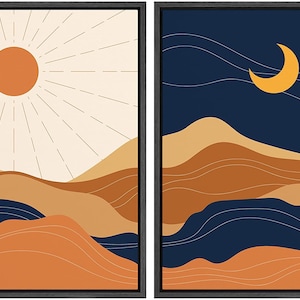 SIGNWIN 2 Piece Framed Canvas Wall Art Sun and Moon Illustration Print ...