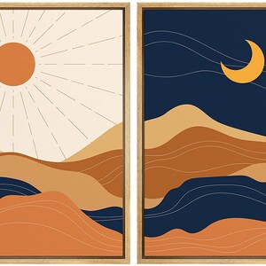 SIGNWIN 2 Piece Framed Canvas Wall Art Sun and Moon Illustration Print ...