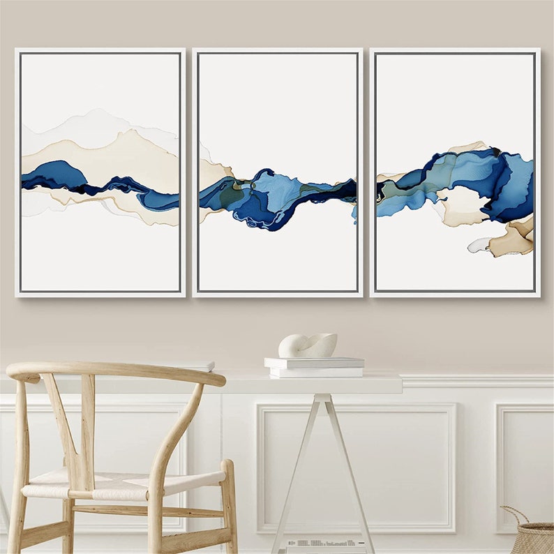 signwin 3 Piece Framed Canvas Wall Art Blue and White Watercolor Abstract Canvas Prints Modern Home Artwork Decor for Living Room,Bedroom image 10