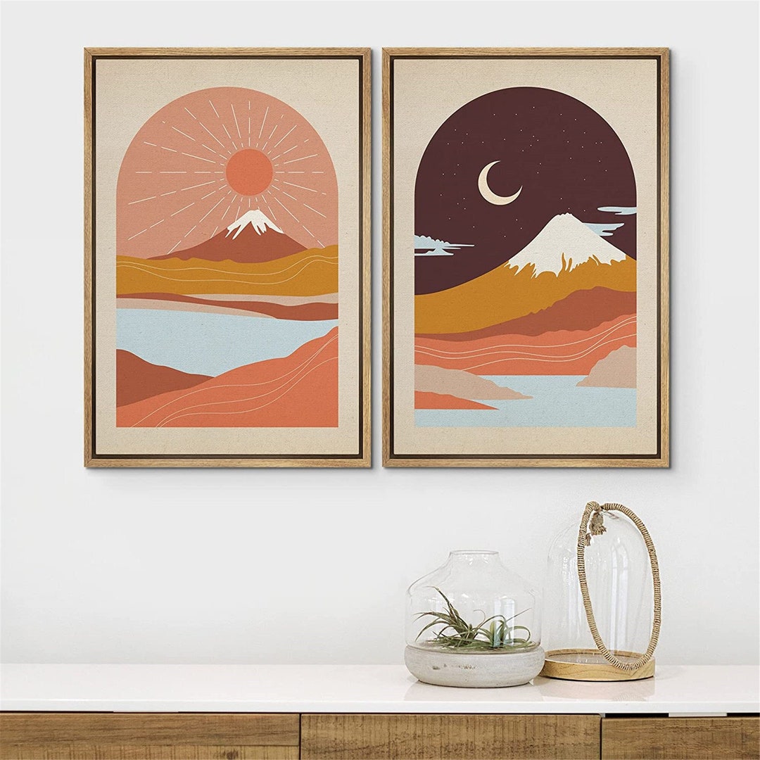 SIGNWIN 2 Piece Framed Canvas Wall Art Sun and Moon Illustration Print ...