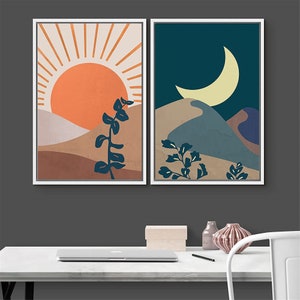 SIGNWIN 2 Piece Framed Canvas Wall Art Sun and Moon Prints Mid Century ...