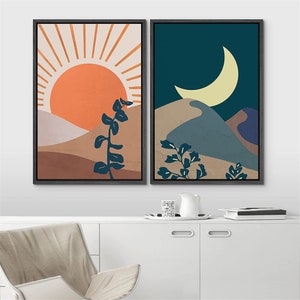 SIGNWIN 2 Piece Framed Canvas Wall Art Sun and Moon Prints Mid Century ...
