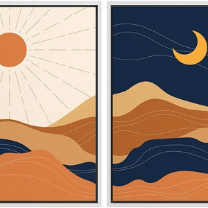SIGNWIN 2 Piece Framed Canvas Wall Art Sun and Moon Illustration Print ...