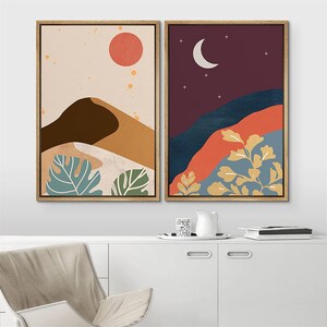 SIGNWIN 2 Piece Framed Canvas Wall Art Sun and Moon Prints Mid Century ...