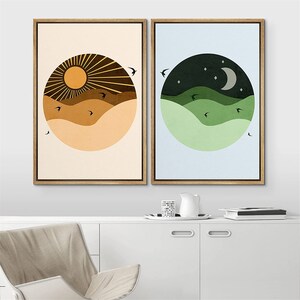 SIGNWIN 2 Piece Framed Canvas Wall Art Sun and Moon Prints Mid Century ...