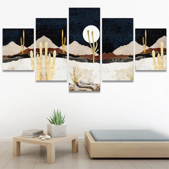 SIGNWIN 5 Piece Large Canvas Wall Art Moon Over Southwest Golden Marble  Desert Cactus Landscape Abstract Nature Modern Art for Living Room -   Norway
