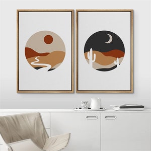 SIGNWIN 2 Piece Framed Canvas Wall Art Sun and Moon Prints Mid Century ...