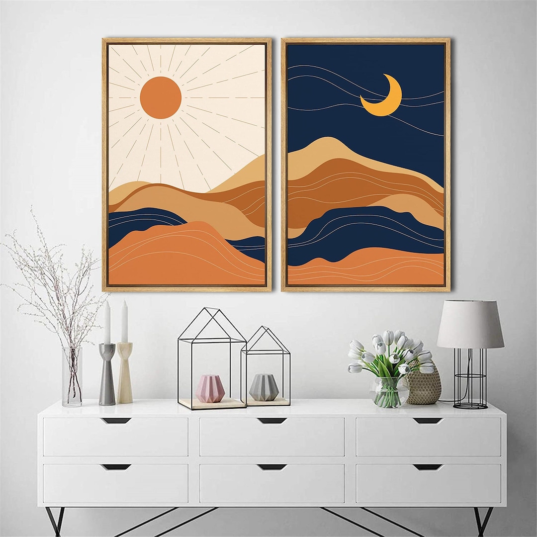 SIGNWIN 2 Piece Framed Canvas Wall Art Sun and Moon Illustration Print ...