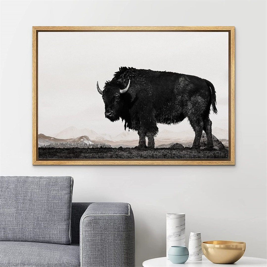 SIGNWIN Framed Canvas Print Wall Art Black White Buffalo Bison Desert ...