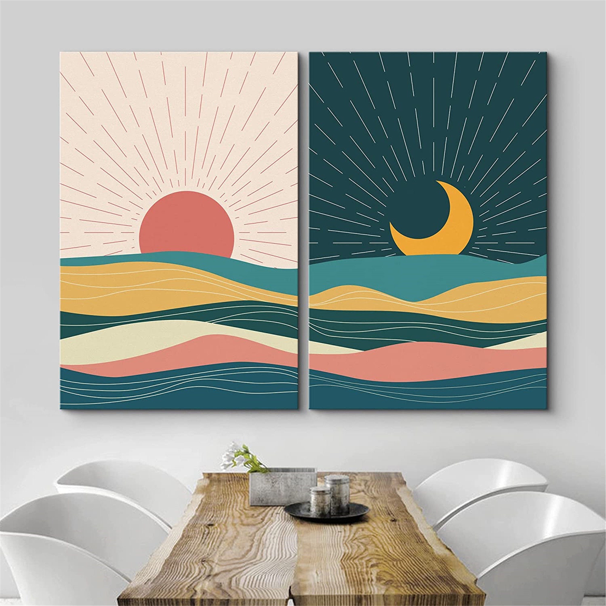 SIGNWIN 3 Piece Framed Canvas Wall Art Sun With Rays Prints Mid Century  Modern Home Artwork Neutral Boho Decor for Bedroom 