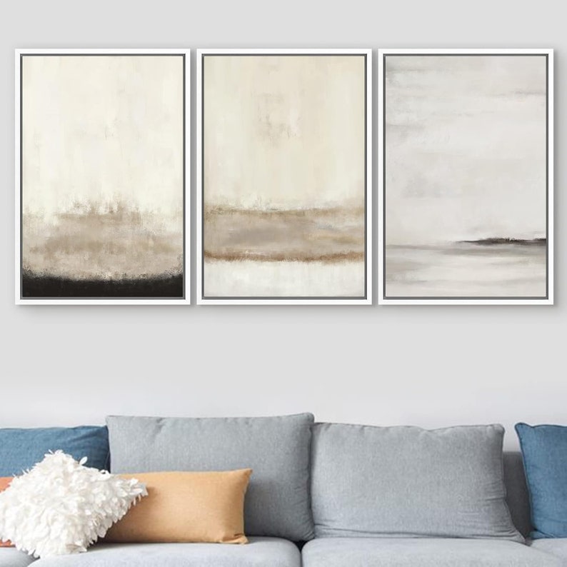 SIGNWIN 3 Piece Framed Canvas Print Wall Art Gray Tan Paint Stroke Abstract Landscape Modern Art Minimalist Boho Decor imagem 6