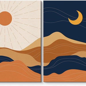 SIGNWIN 2 Piece Framed Canvas Wall Art Sun and Moon Illustration Print ...