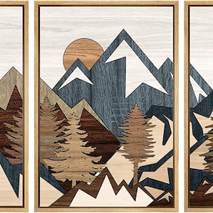 SIGNWIN Framed Canvas Wall Art Wood Panel Effect Mountain Range Top Print Modern Art Rustic Decor for Living Room 3 piece set -Natural