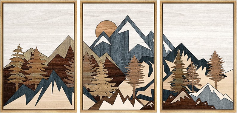 SIGNWIN Framed Canvas Wall Art Wood Panel Effect Mountain Range Top Print Modern Art Rustic Decor for Living Room 3 piece set -Natural