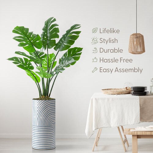 Artificial Tree in Modern Geometric Pattern Planter, Fake Monstera Silk Tree, Artificial Plant for shops Indoor and Outdoor Home Decoration