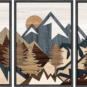 SIGNWIN Framed Canvas Wall Art Wood Panel Effect Mountain Range Top Print Modern Art Rustic Decor for Living Room 3 piece set -Black