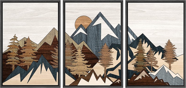 SIGNWIN Framed Canvas Wall Art Wood Panel Effect Mountain Range Top Print Modern Art Rustic Decor for Living Room 3 piece set -Black