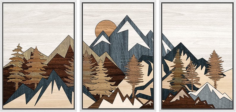 SIGNWIN Framed Canvas Wall Art Wood Panel Effect Mountain Range Top Print Modern Art Rustic Decor for Living Room 3 piece set -White