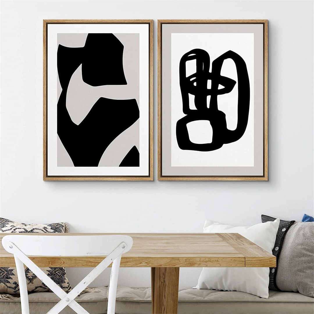 SIGNWIN 2 Piece Framed Canvas Wall Art Geometric Black Paint Stroke