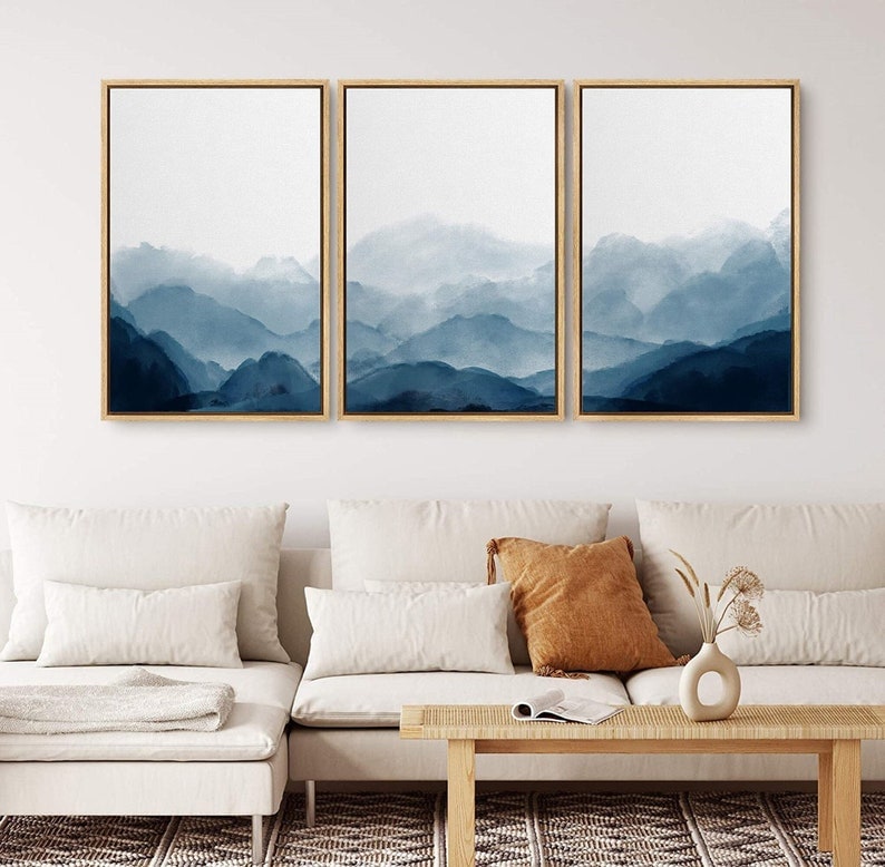 SIGNWIN 3 Piece Framed Canvas Wall Art Blue Watercolor Abstract Mountains Nature Painting Prints Minimalist Modern Home Artwork Decoration 