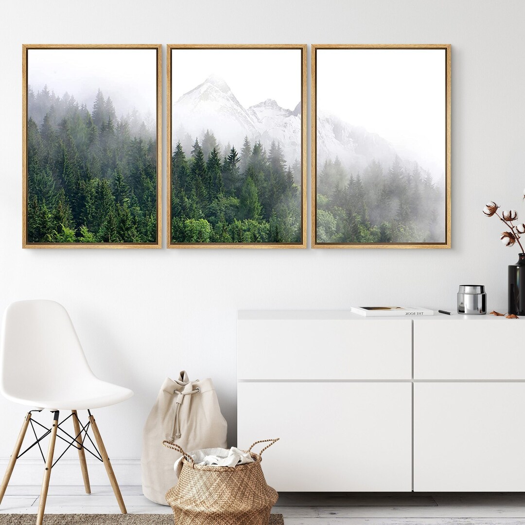 Signwin 3 Piece Framed Canvas Wall Art Green Forest Mountain Nature ...