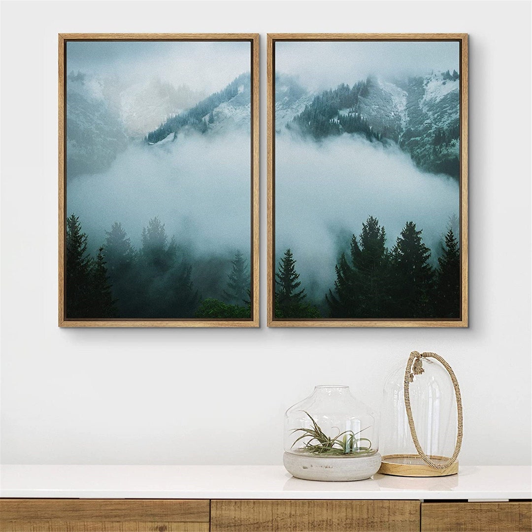 SIGNWIN 2 Piece Framed Canvas Wall Art Green Forest Mountain ...