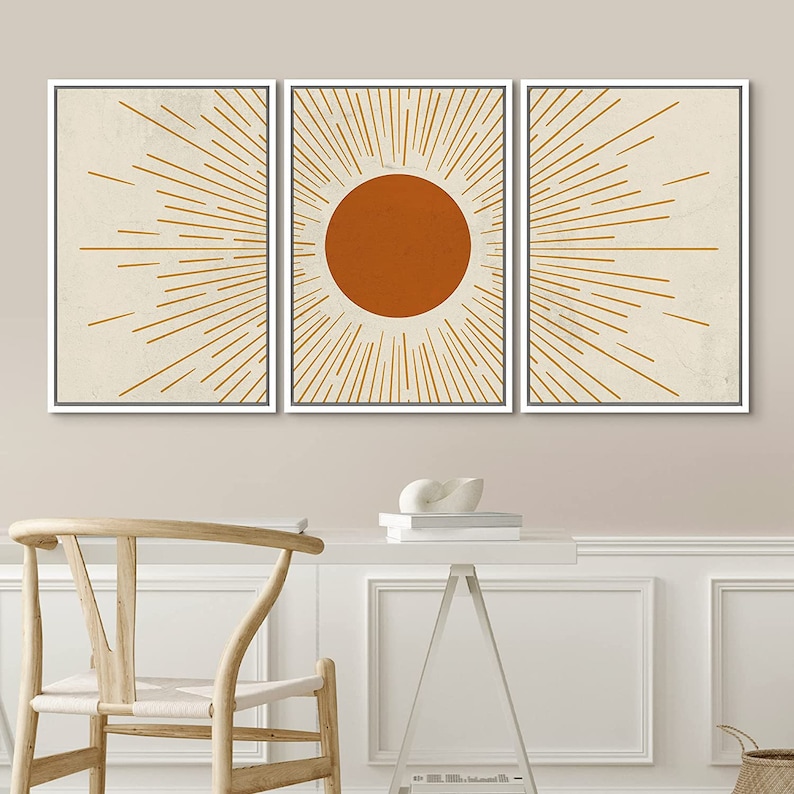 SIGNWIN 3 Piece Framed Canvas Wall Art Sun with Rays Prints Mid Century Modern Home Artwork Neutral Boho Decor for Bedroom image 8