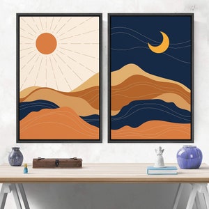 SIGNWIN 2 Piece Framed Canvas Wall Art Sun and Moon Illustration Print ...