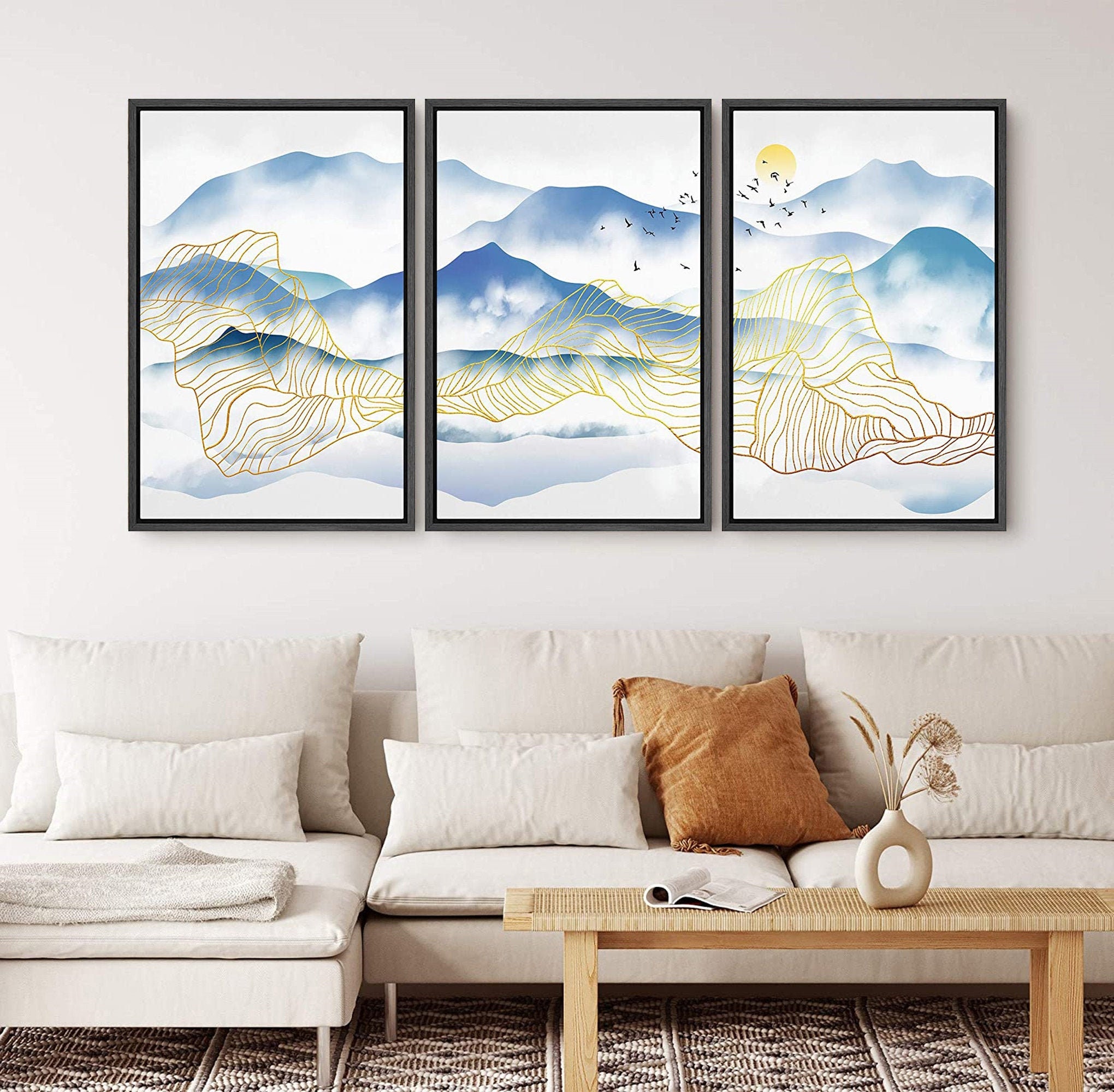 SIGNWIN 3 Piece Framed Canvas Wall Art Watercolor Abstract Mountains Nature Painting Prints Minimalist Modern Home Artwork Decoration